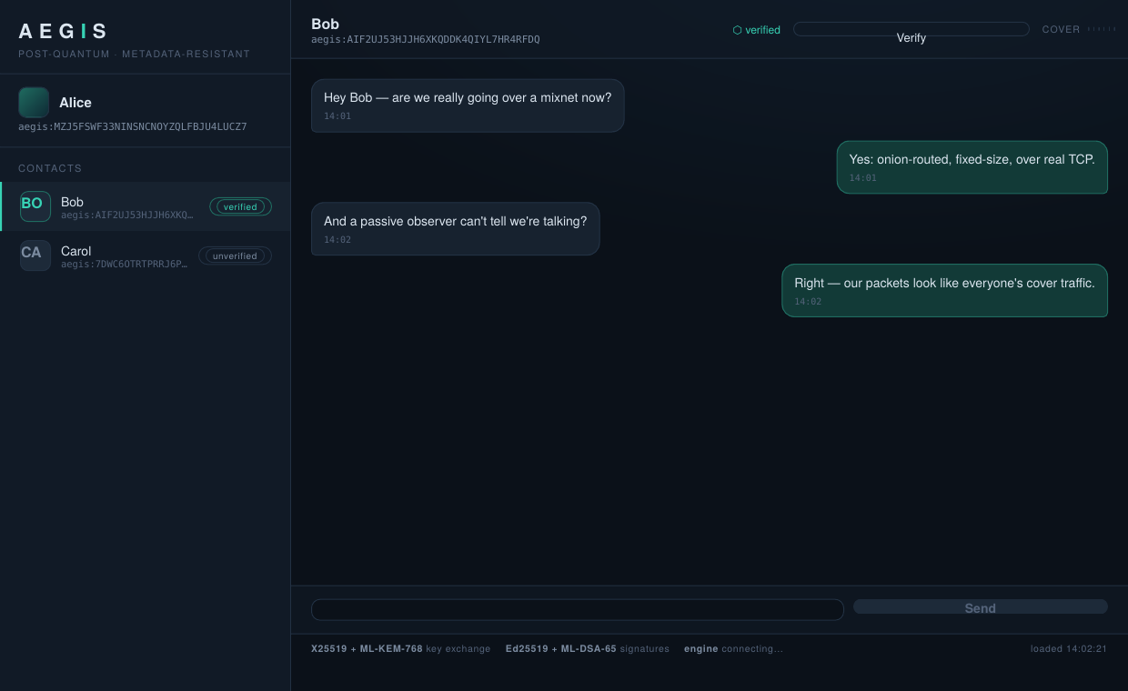 Screenshot of the AEGIS Desktop chat interface: a dark two-pane messenger with a contact list and an encrypted conversation.